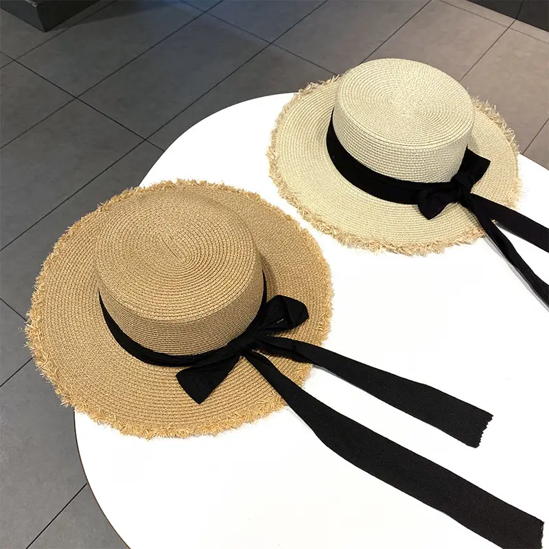 Women Straw Wide Brim Cap Pink Black Bow - Image 8