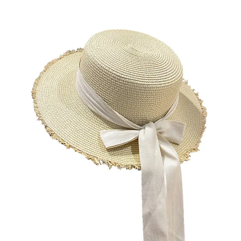 Women Straw Wide Brim Cap Pink Black Bow - Image 9