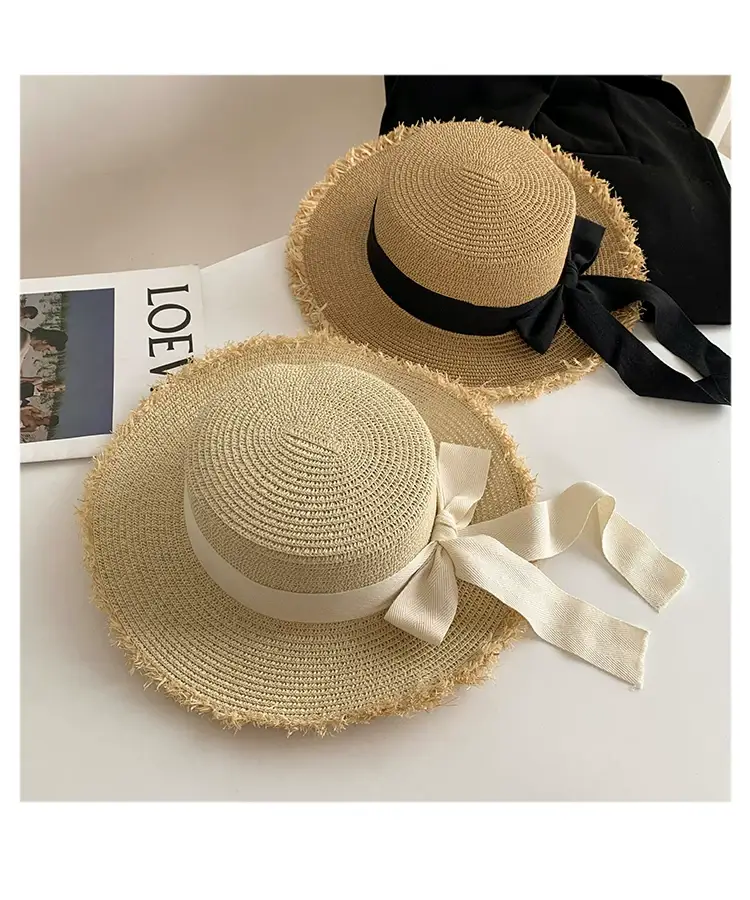 Women Straw Wide Brim Cap Pink Black Bow — feature 11