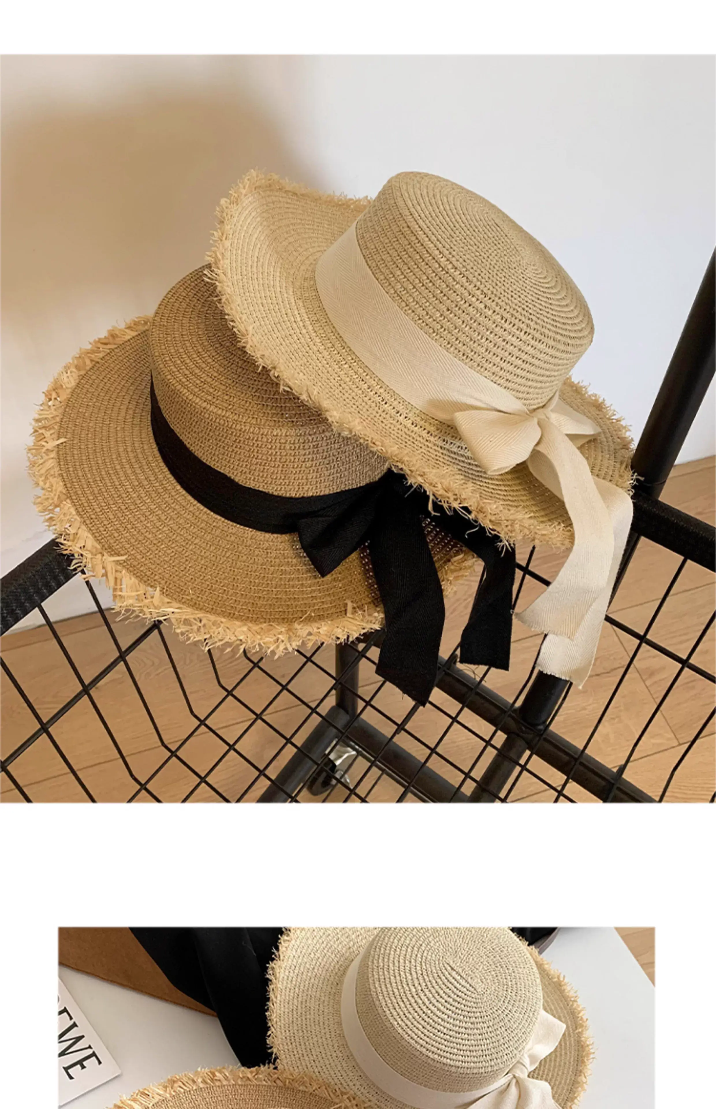 Women Straw Wide Brim Cap Pink Black Bow — feature 17
