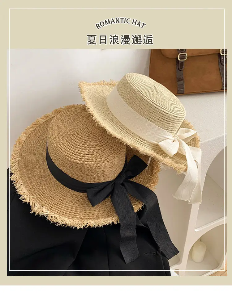 Women Straw Wide Brim Cap Pink Black Bow — feature 2