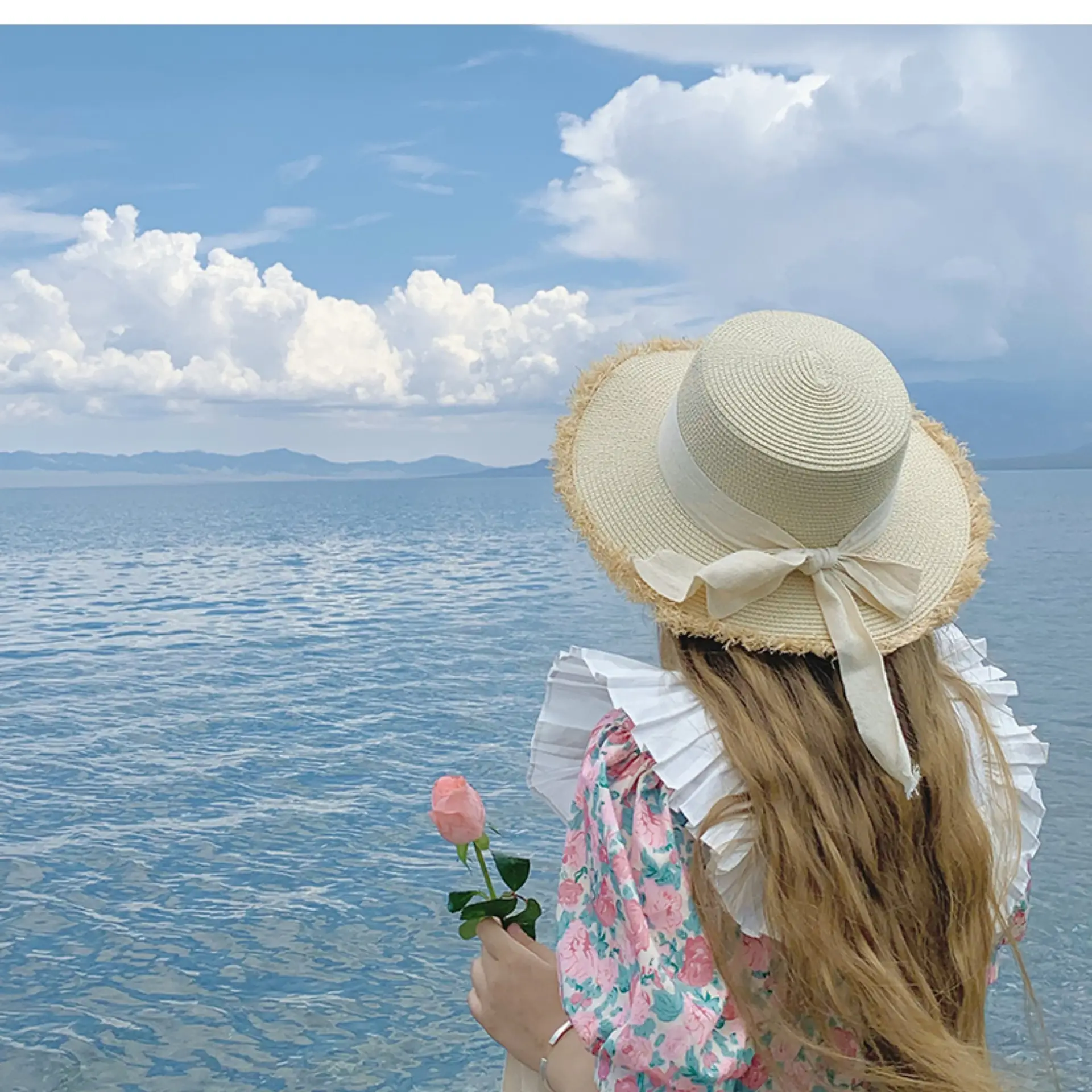 Women Straw Wide Brim Cap Pink Black Bow — feature 3