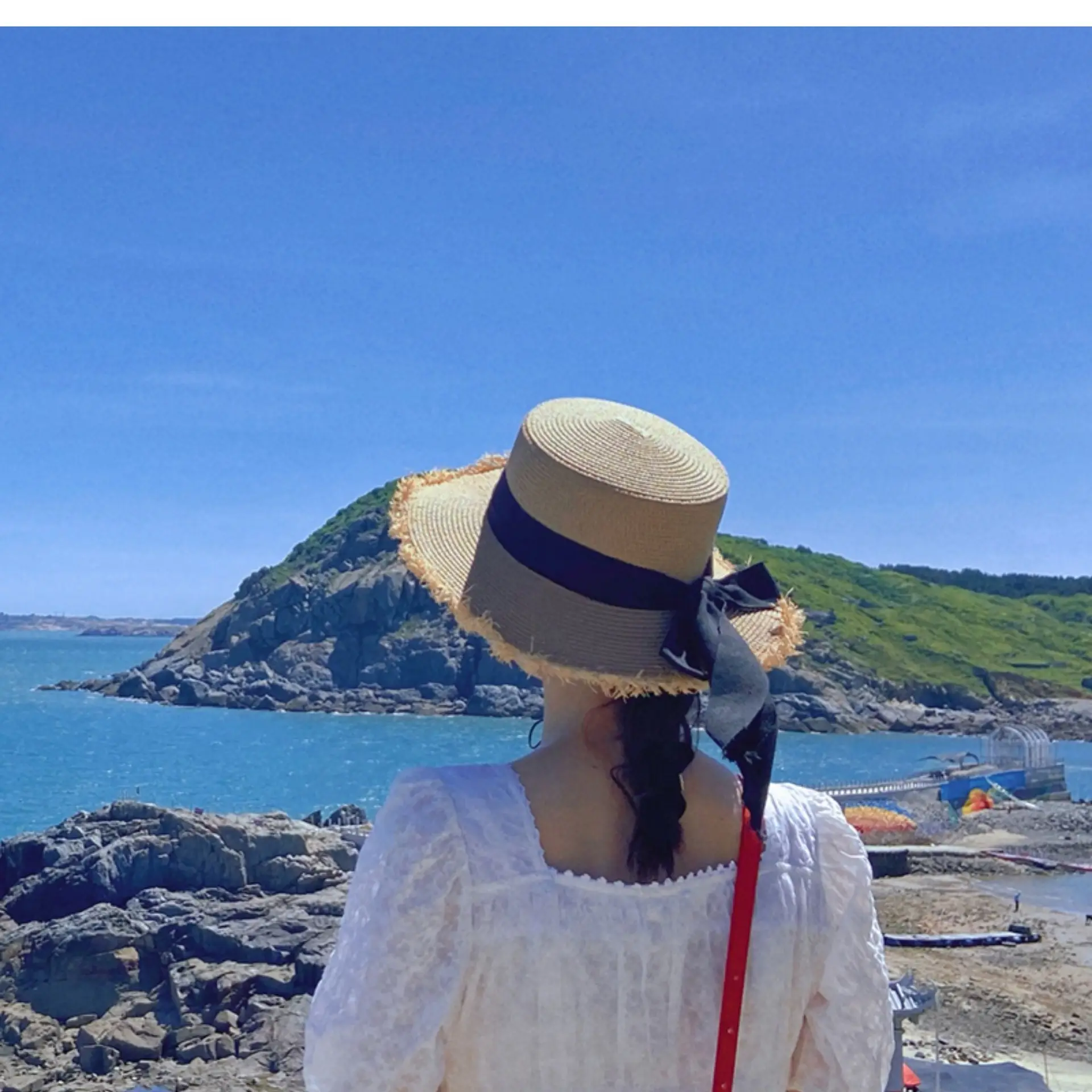Women Straw Wide Brim Cap Pink Black Bow — feature 6