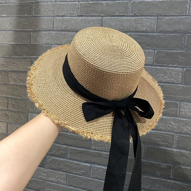 Women Straw Wide Brim Cap Pink Black Bow - Image 2