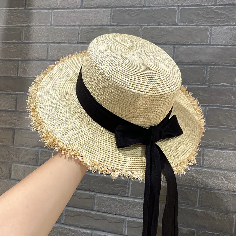 Women Straw Wide Brim Cap Pink Black Bow - Image 3