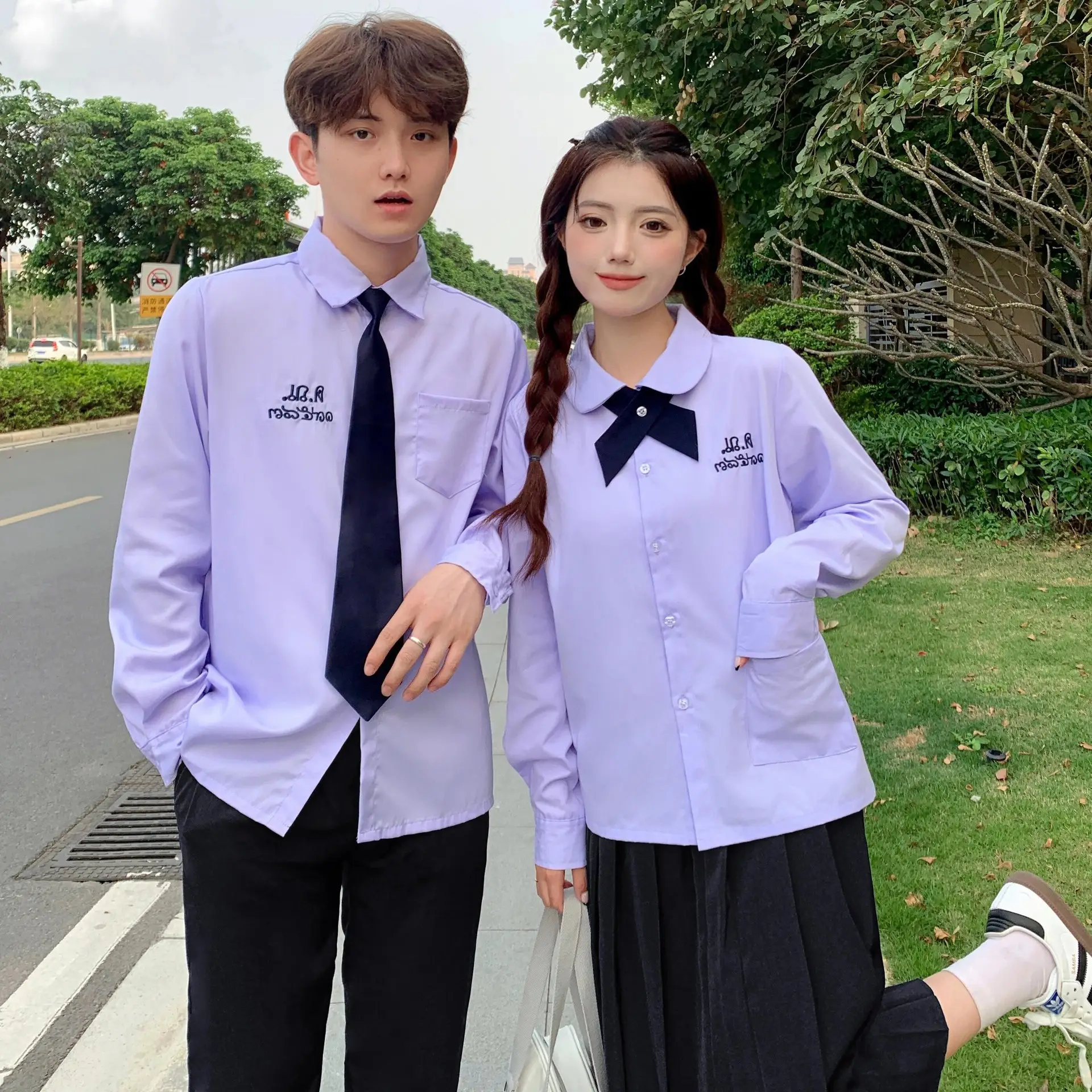 Thai School Uniform Purple Short Sleeve Shirt with Black Cross Belt - Image 26