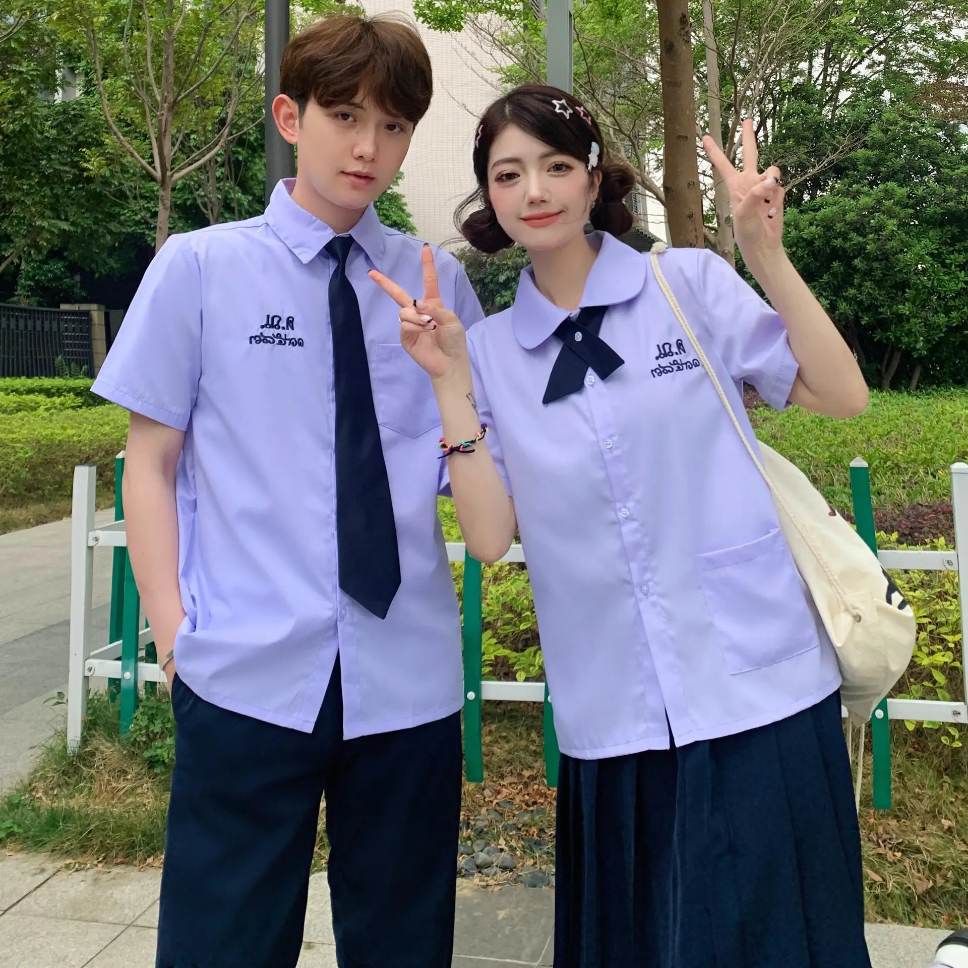 Thai School Uniform Purple Short Sleeve Shirt with Black Cross Belt - Image 27