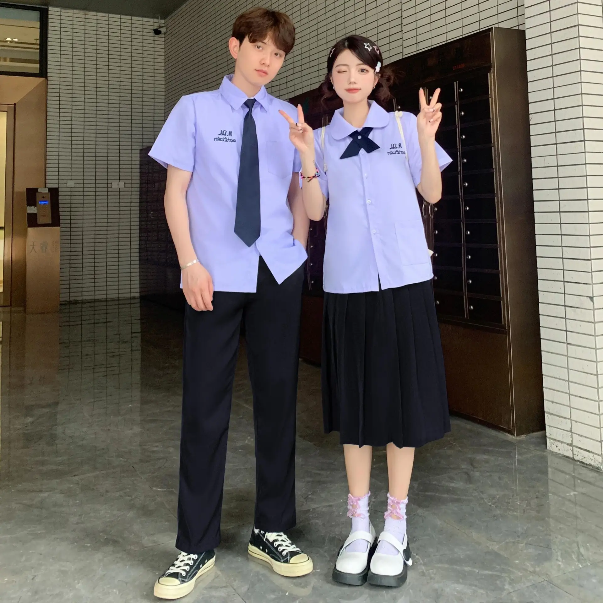 Thai School Uniform Purple Short Sleeve Shirt with Black Cross Belt - Image 28