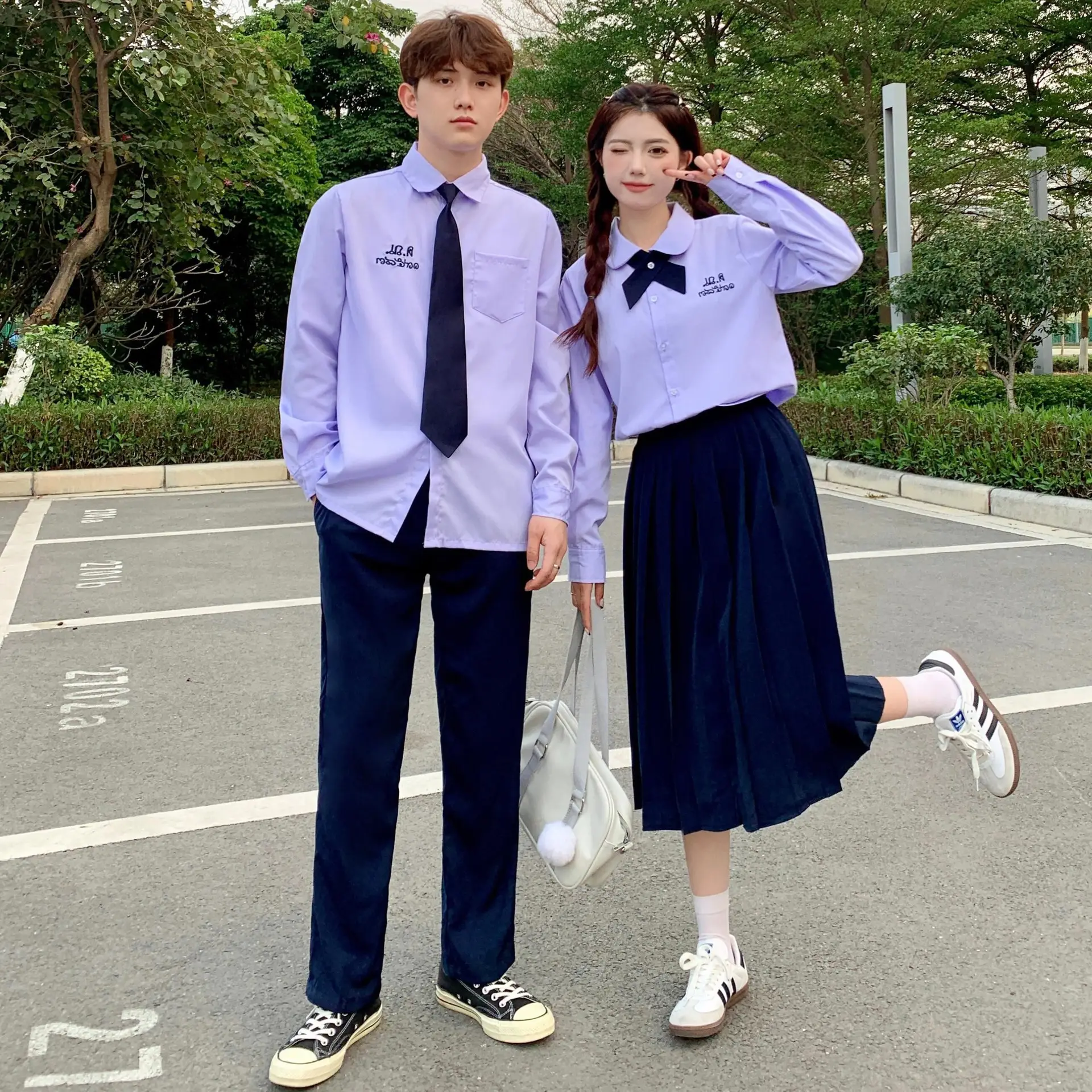 Thai School Uniform Purple Short Sleeve Shirt with Black Cross Belt - Image 29