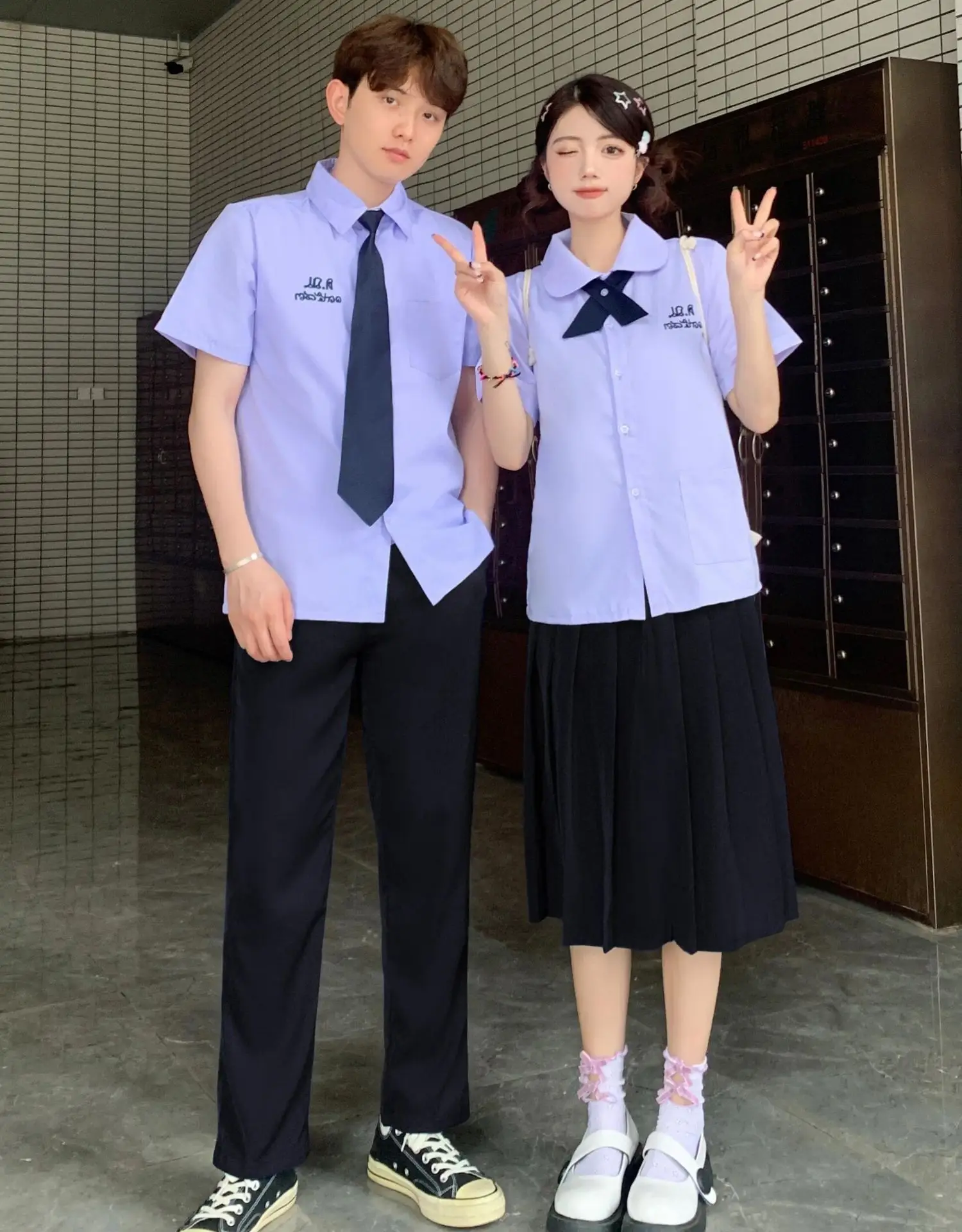 Thai School Uniform Purple Short Sleeve Shirt with Black Cross Belt — feature 11