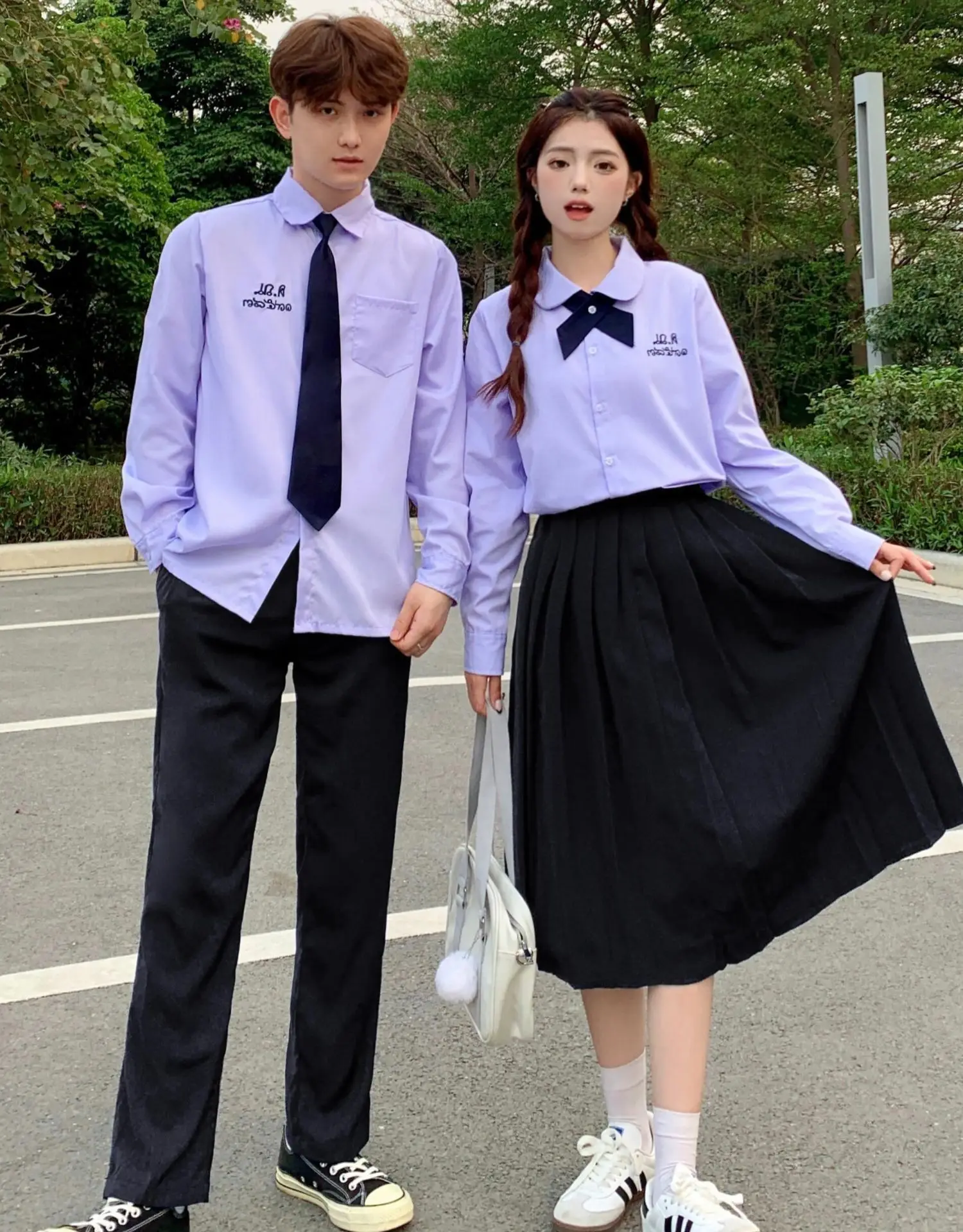 Thai School Uniform Purple Short Sleeve Shirt with Black Cross Belt — feature 13