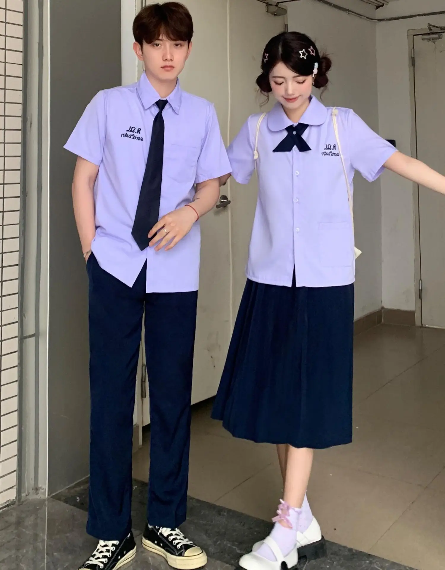 Thai School Uniform Purple Short Sleeve Shirt with Black Cross Belt — feature 15
