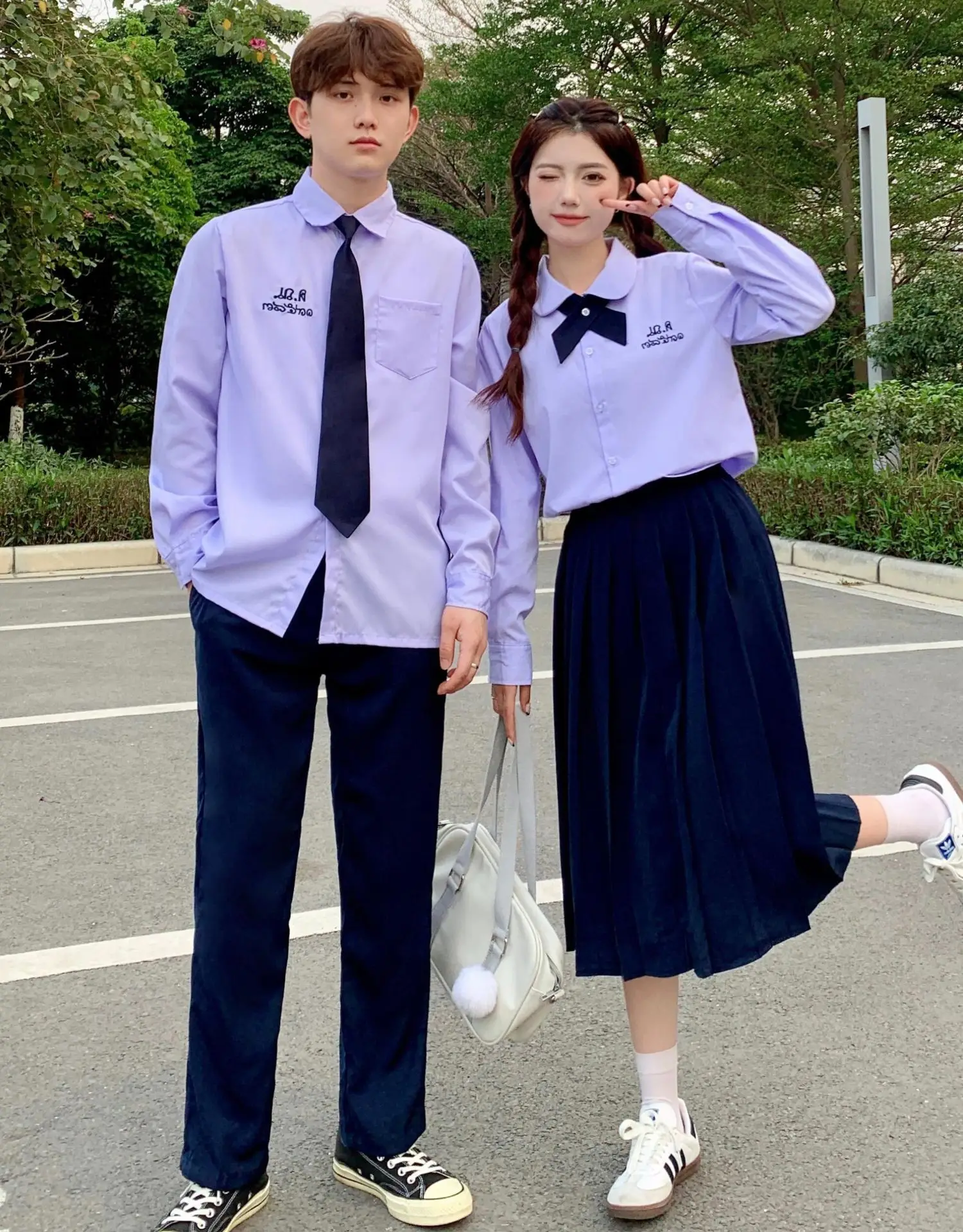 Thai School Uniform Purple Short Sleeve Shirt with Black Cross Belt — feature 17