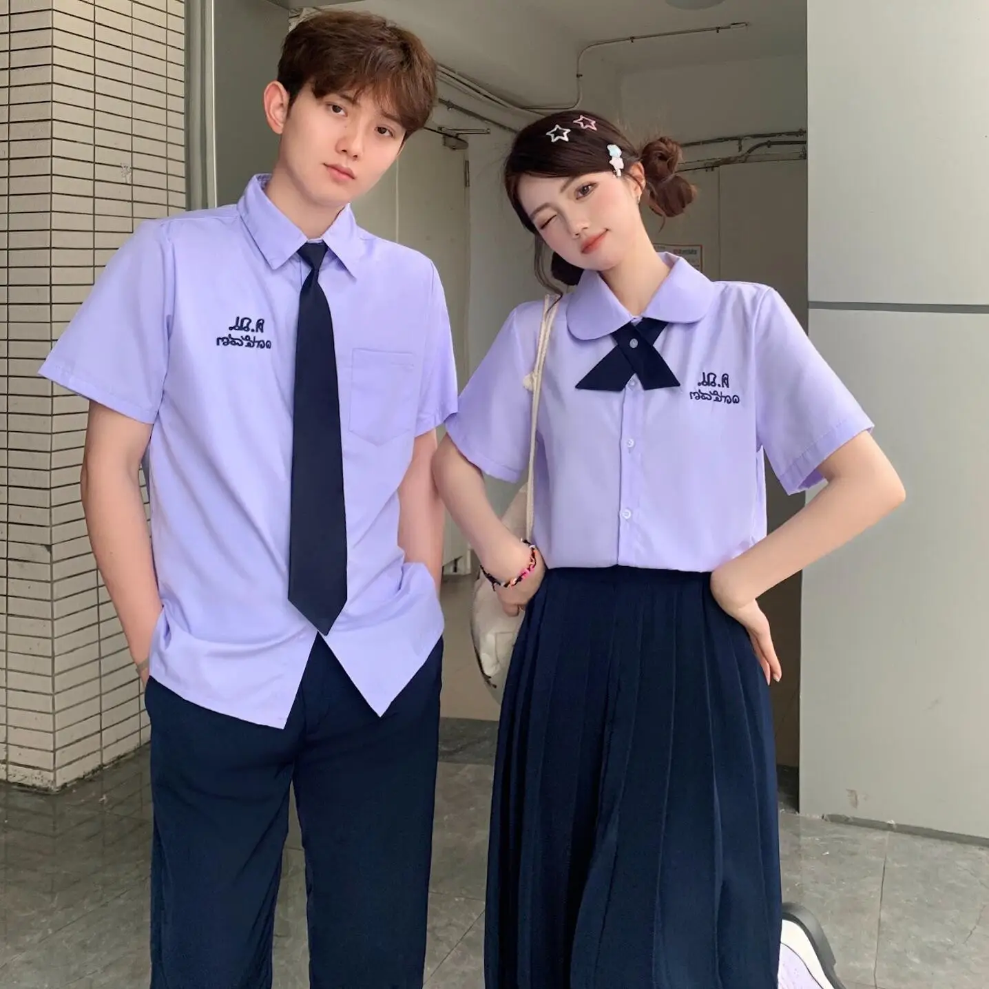 Thai School Uniform Purple Short Sleeve Shirt with Black Cross Belt - Image 17
