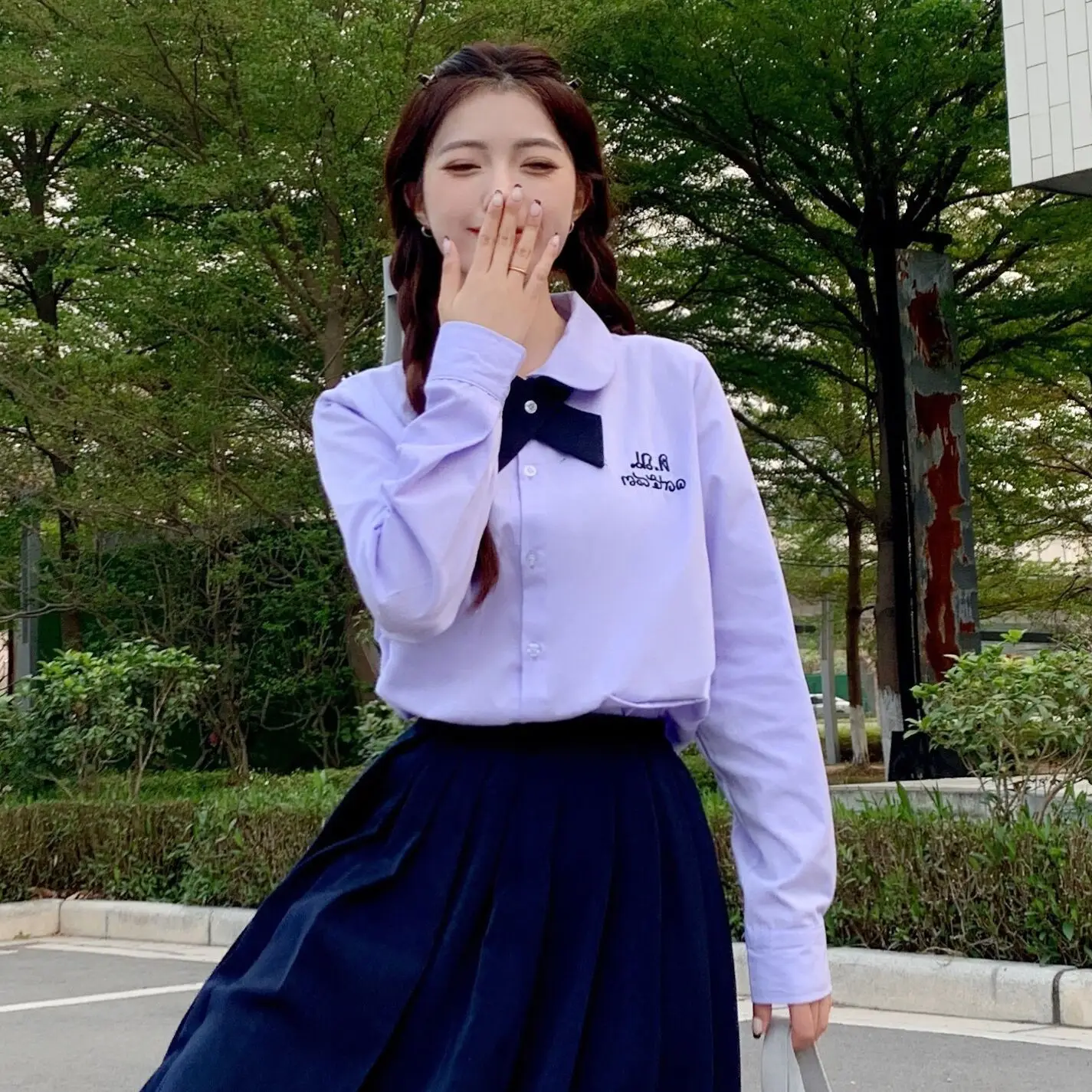 Thai School Uniform Purple Short Sleeve Shirt with Black Cross Belt - Image 18