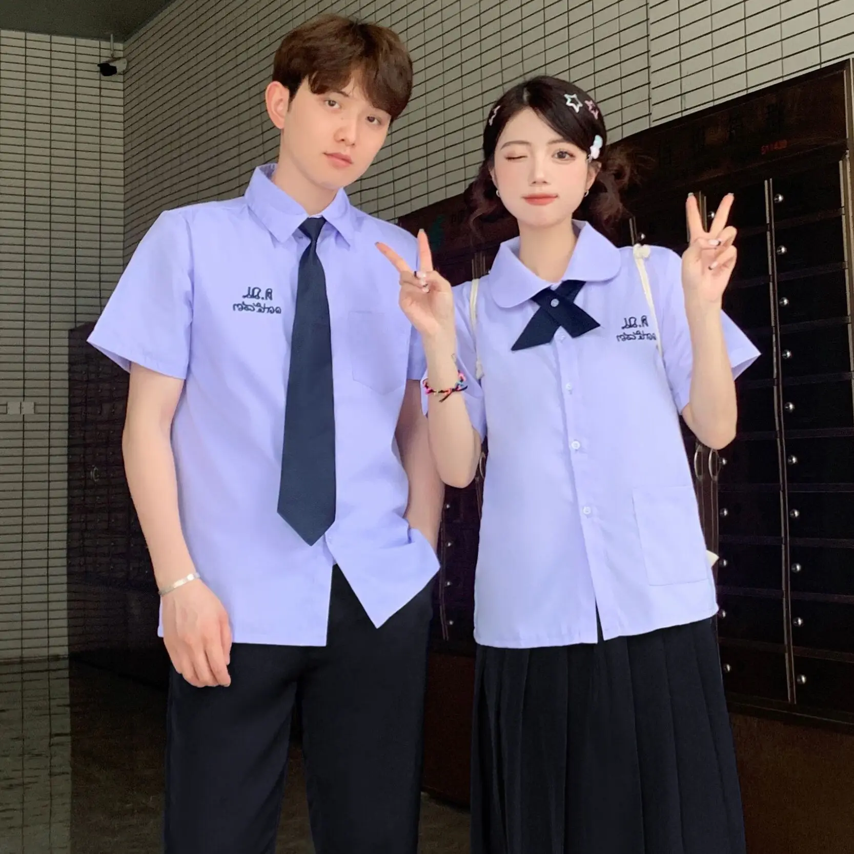 Thai School Uniform Purple Short Sleeve Shirt with Black Cross Belt - Image 19