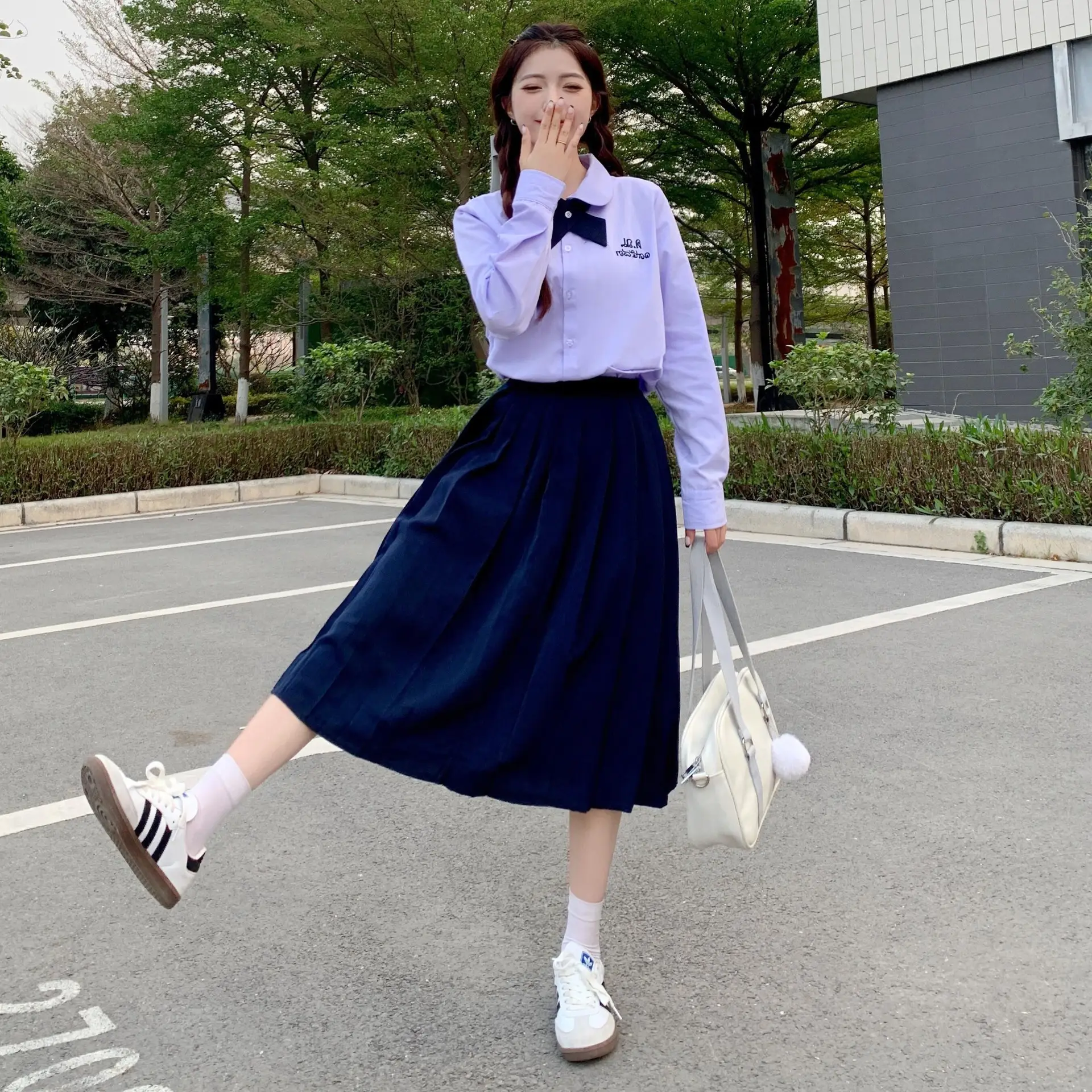 Thai School Uniform Purple Short Sleeve Shirt with Black Cross Belt - Image 2