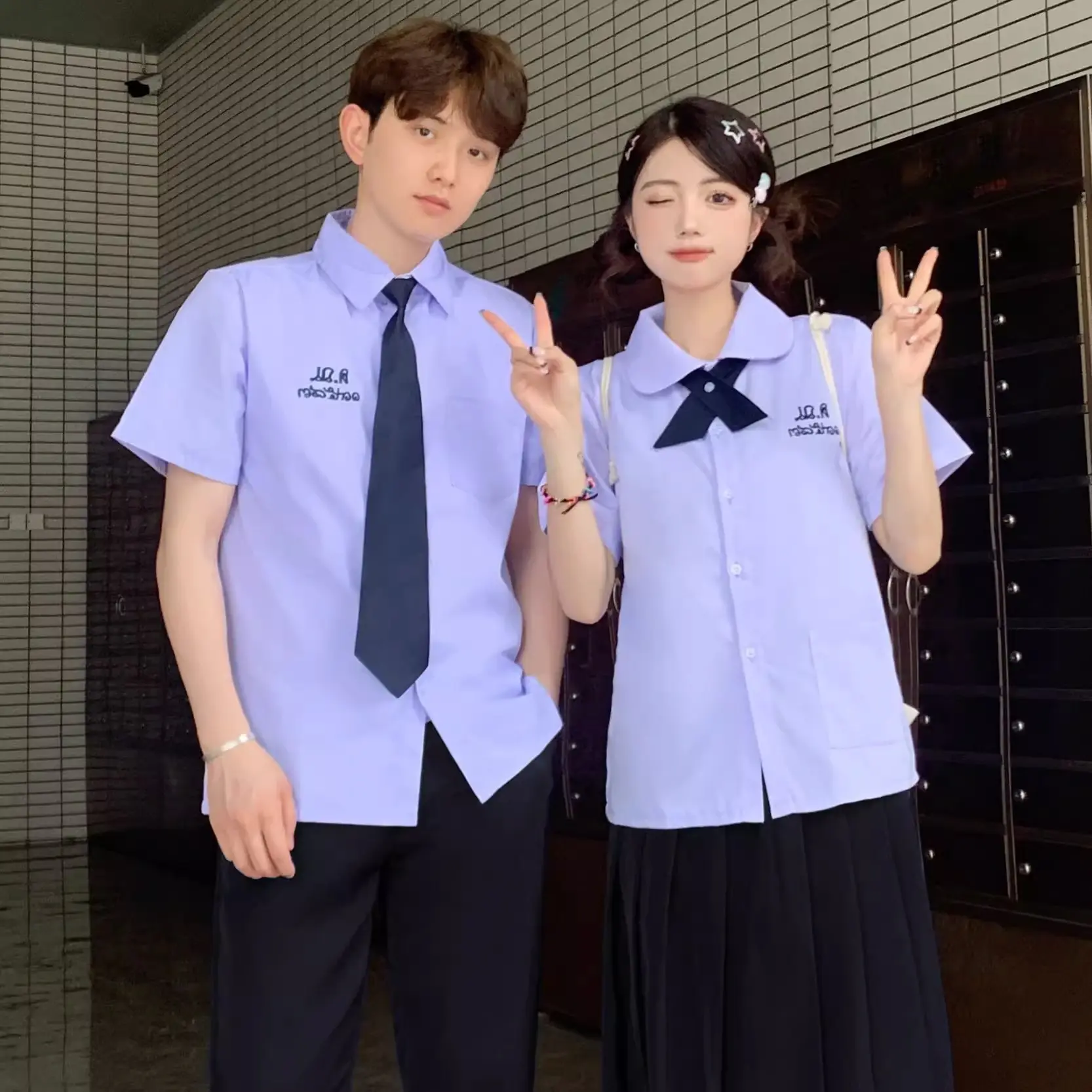 Thai School Uniform Purple Short Sleeve Shirt with Black Cross Belt - Image 21