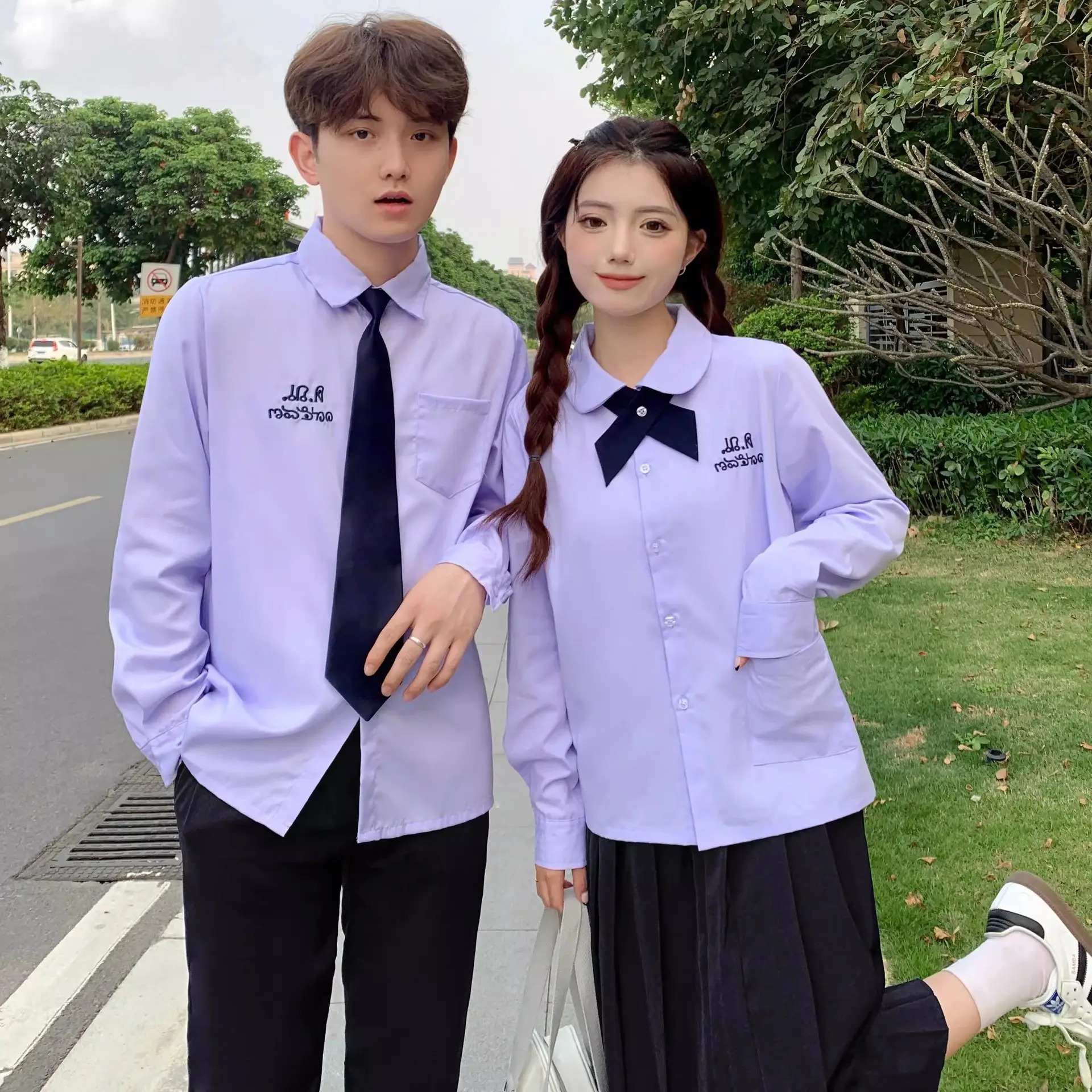 Thai School Uniform Purple Short Sleeve Shirt with Black Cross Belt - Image 22