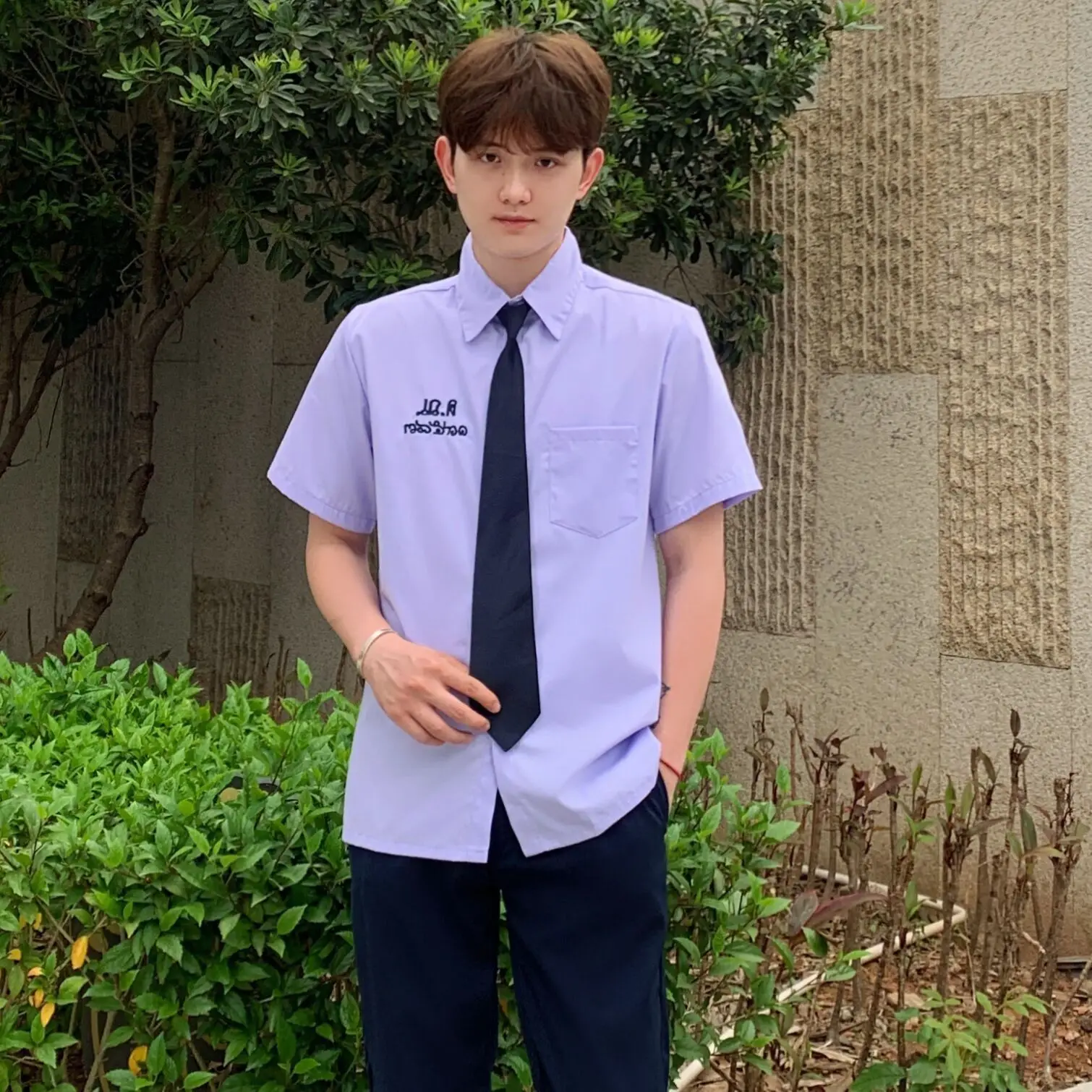 Thai School Uniform Purple Short Sleeve Shirt with Black Cross Belt - Image 23