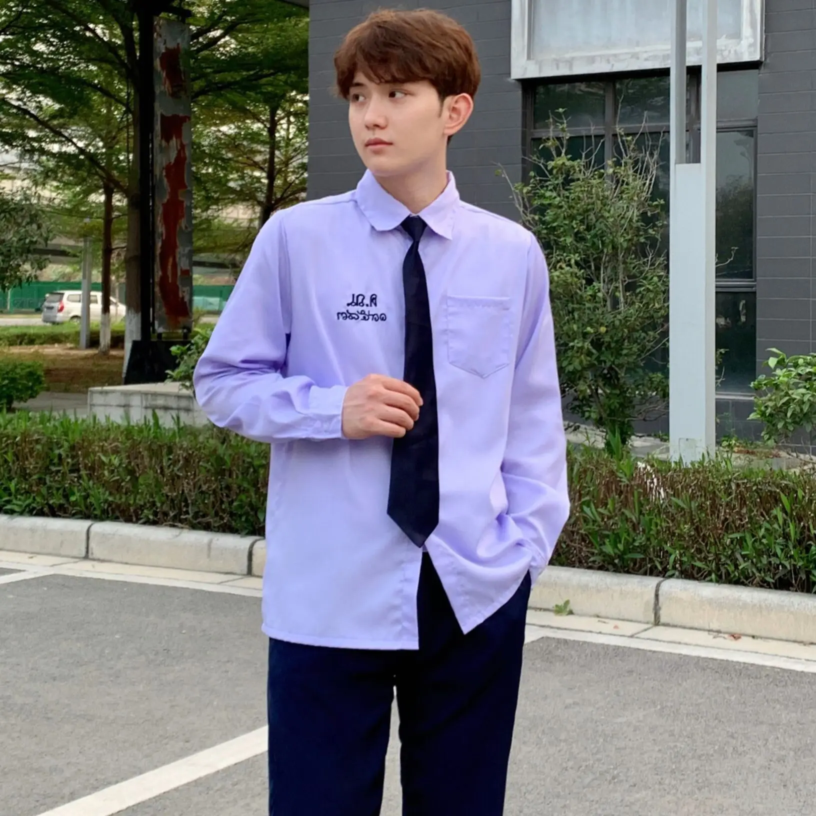 Thai School Uniform Purple Short Sleeve Shirt with Black Cross Belt - Image 24