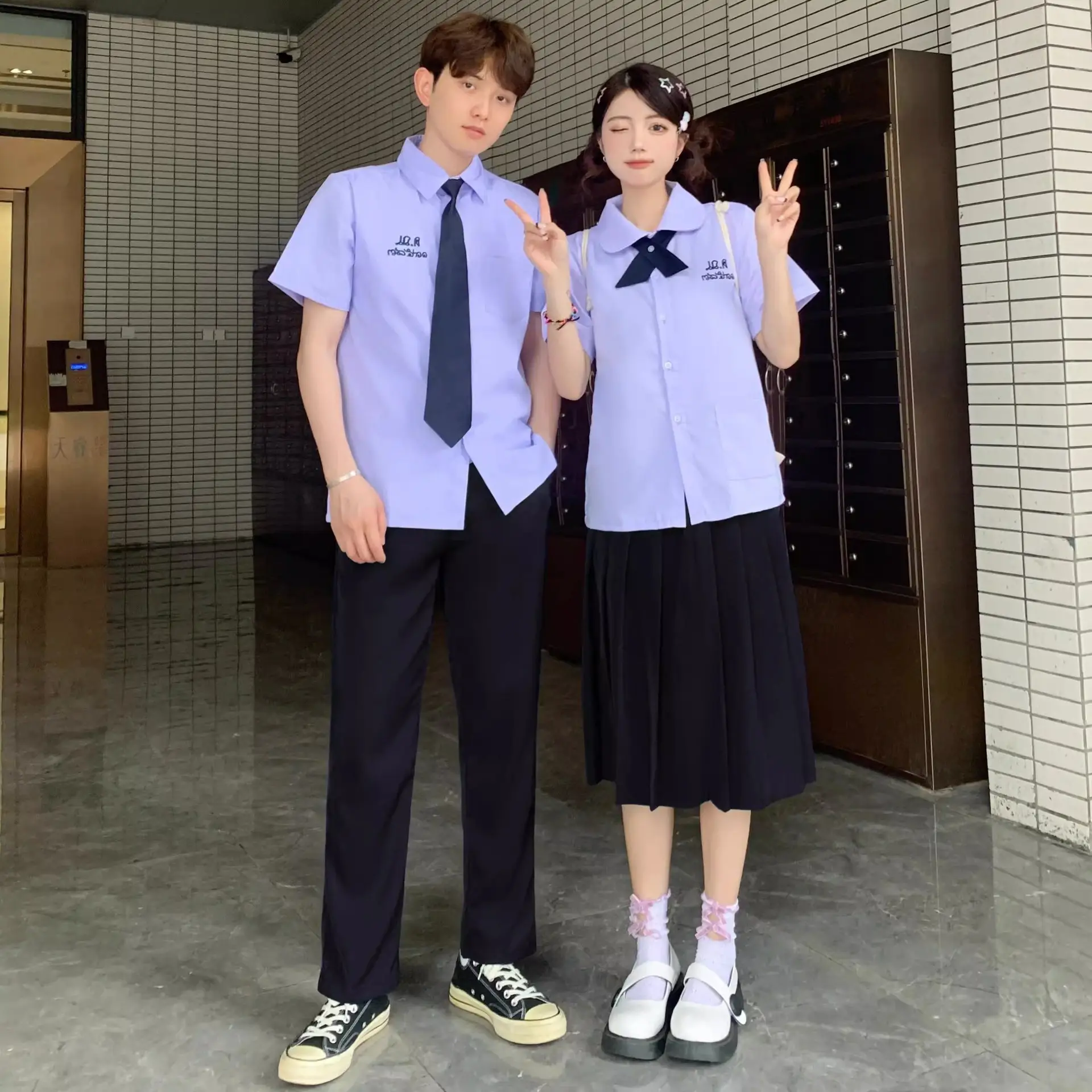 Thai School Uniform Purple Short Sleeve Shirt with Black Cross Belt - Image 3
