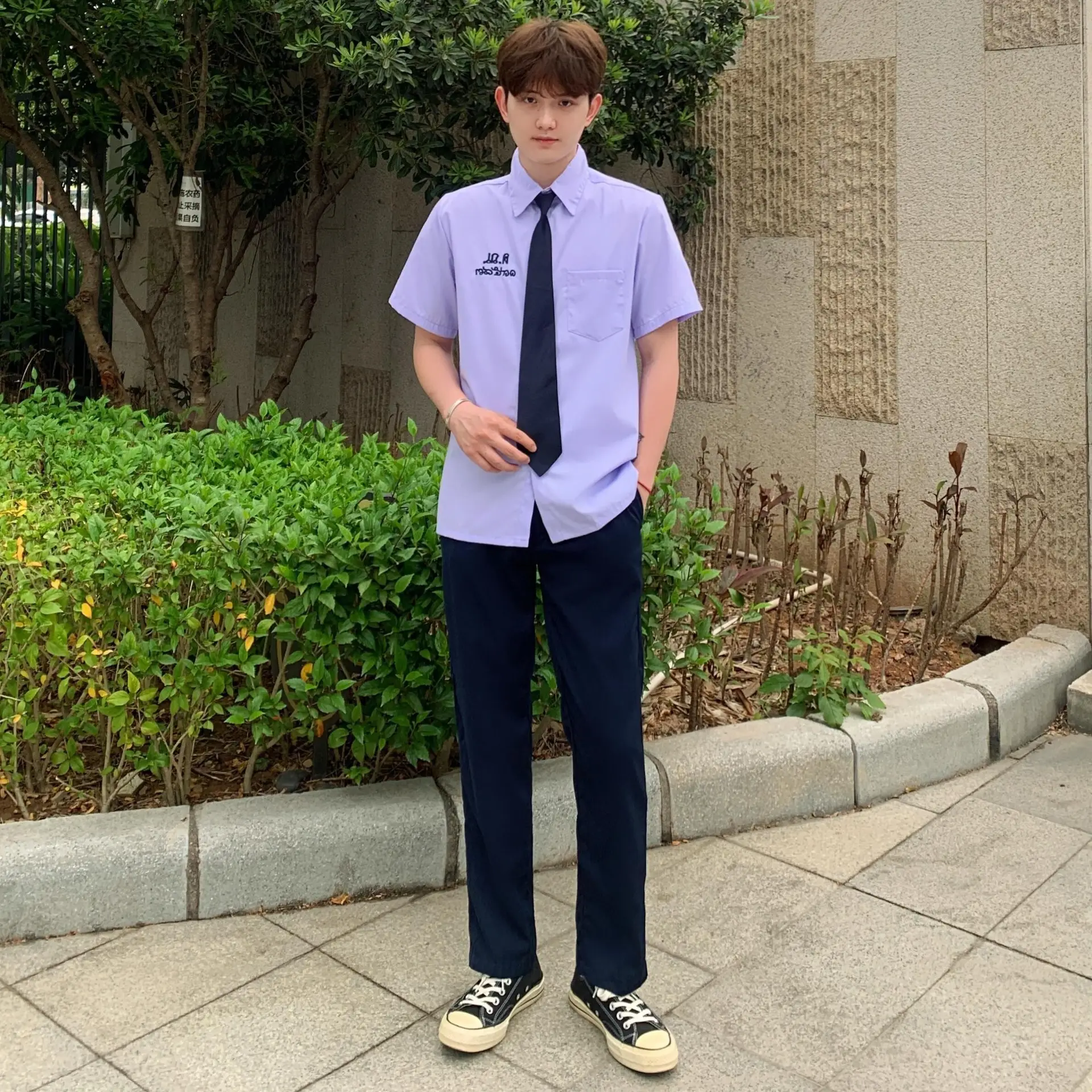 Thai School Uniform Purple Short Sleeve Shirt with Black Cross Belt - Image 5