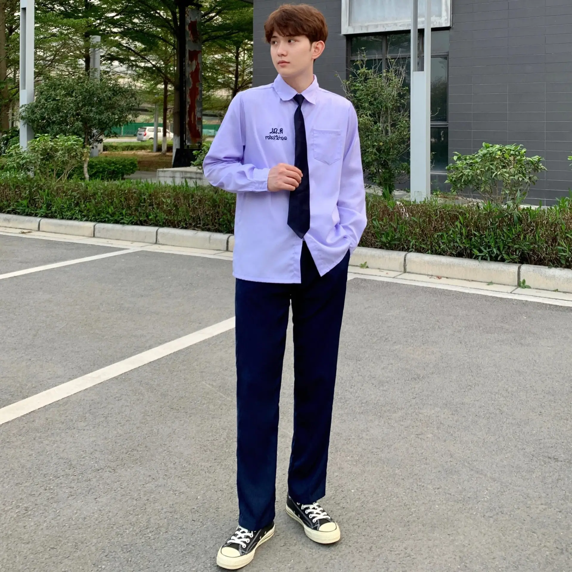 Thai School Uniform Purple Short Sleeve Shirt with Black Cross Belt - Image 6