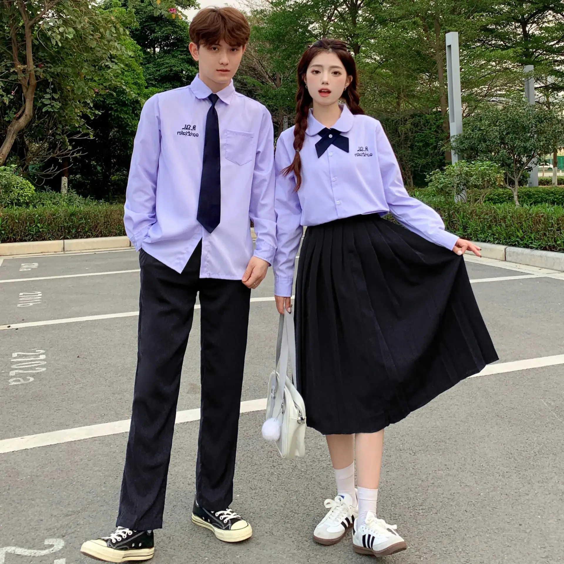Thai School Uniform Purple Short Sleeve Shirt with Black Cross Belt - Image 8