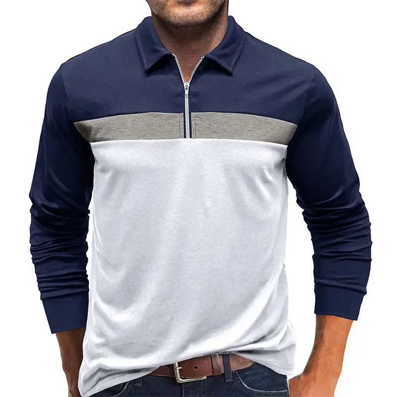 Polo Shirt Men Navy Red Long Sleeve 2023