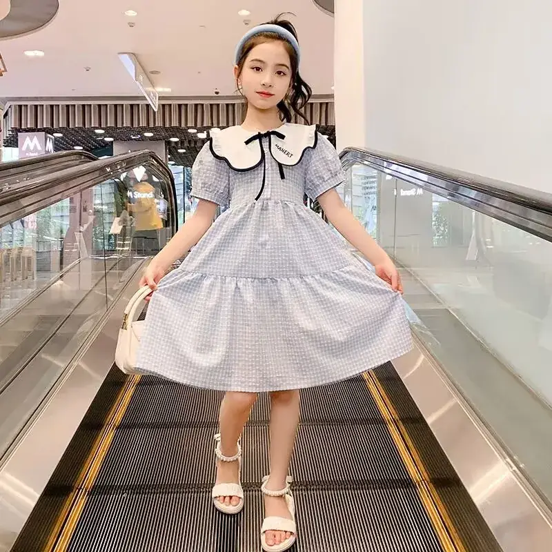 Girls Plaid Summer Dress with Lace Trim - Image 2