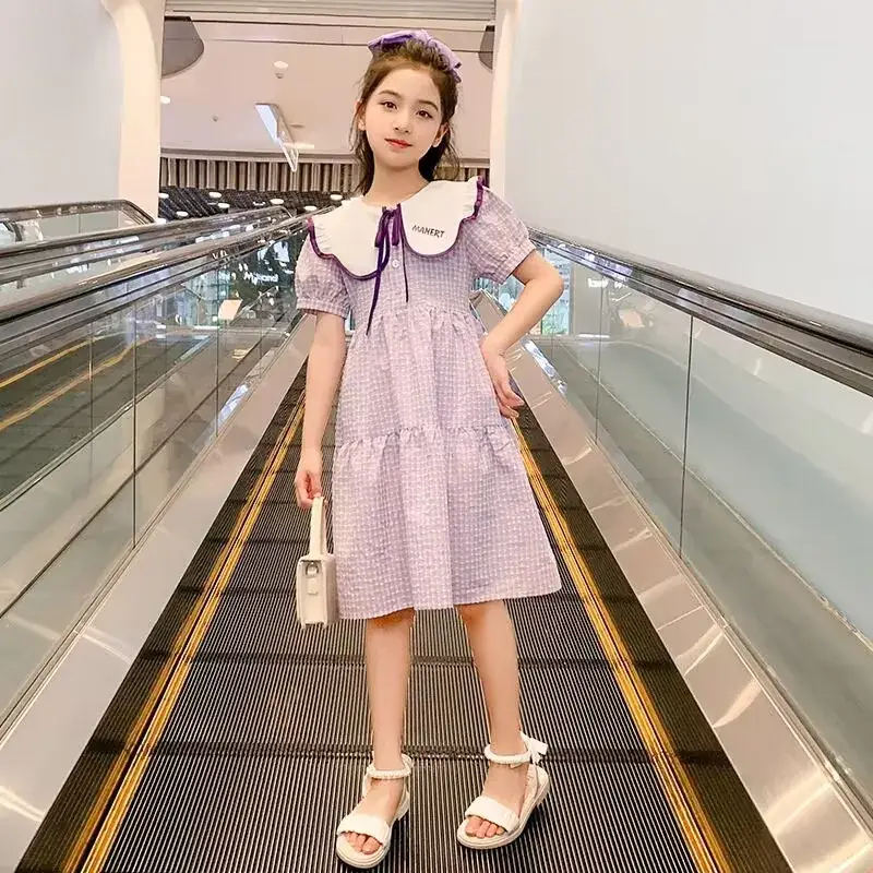 Girls Plaid Summer Dress with Lace Trim - Image 3