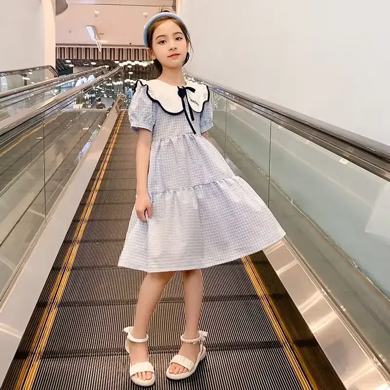 Girls Plaid Summer Dress with Lace Trim - Image 4