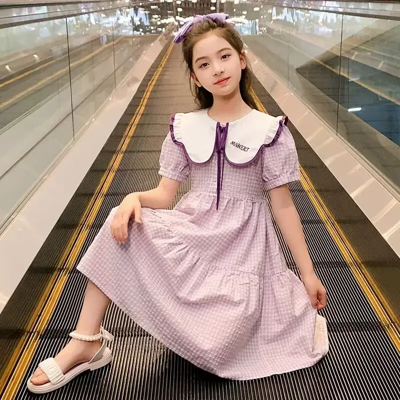 Girls Plaid Summer Dress with Lace Trim - Image 5