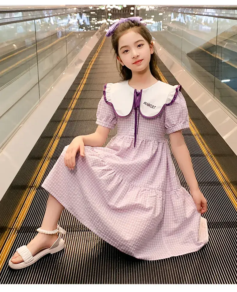Girls Plaid Summer Dress with Lace Trim — feature 11