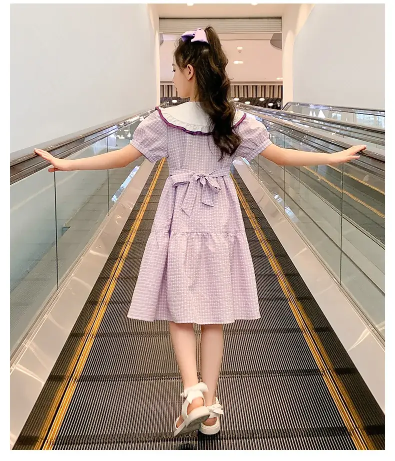 Girls Plaid Summer Dress with Lace Trim — feature 3