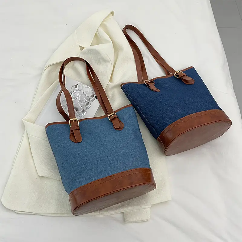 Blue Denim Bucket Bag for Women with Leather Strap - Image 3