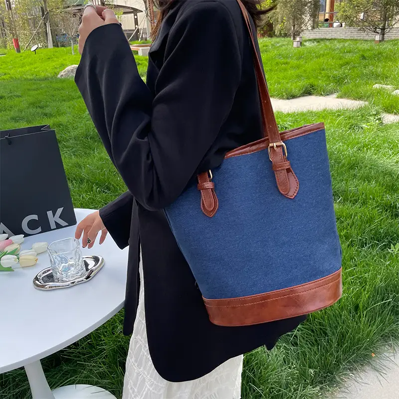 Blue Denim Bucket Bag for Women with Leather Strap - Image 4