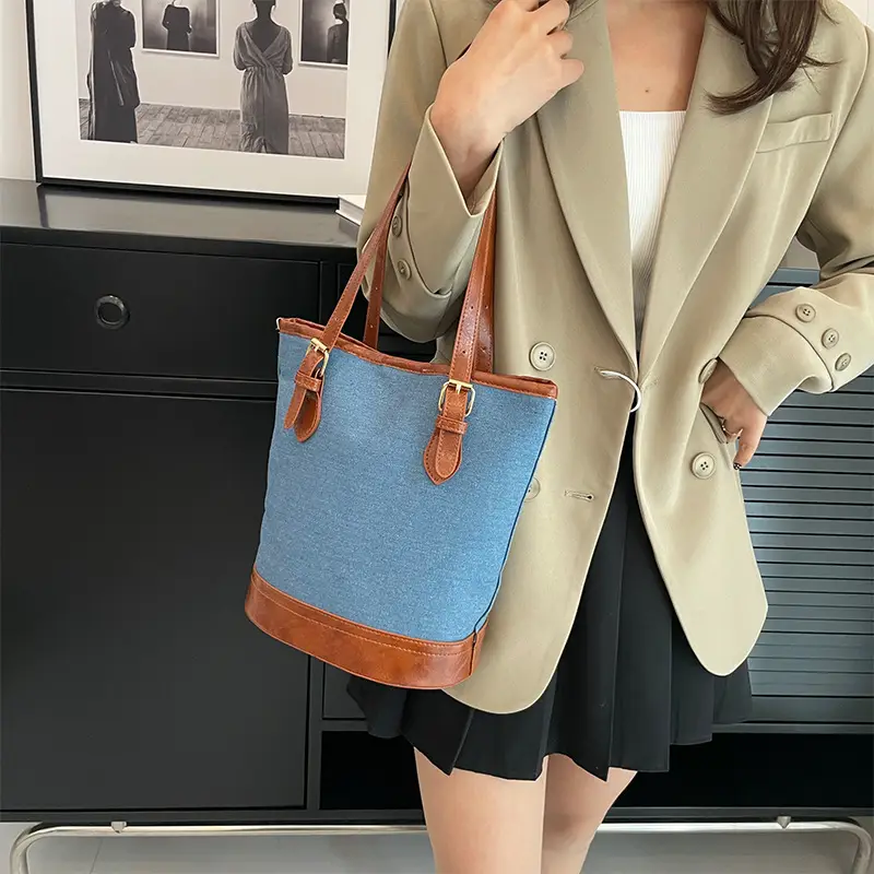 Blue Denim Bucket Bag for Women with Leather Strap - Image 5