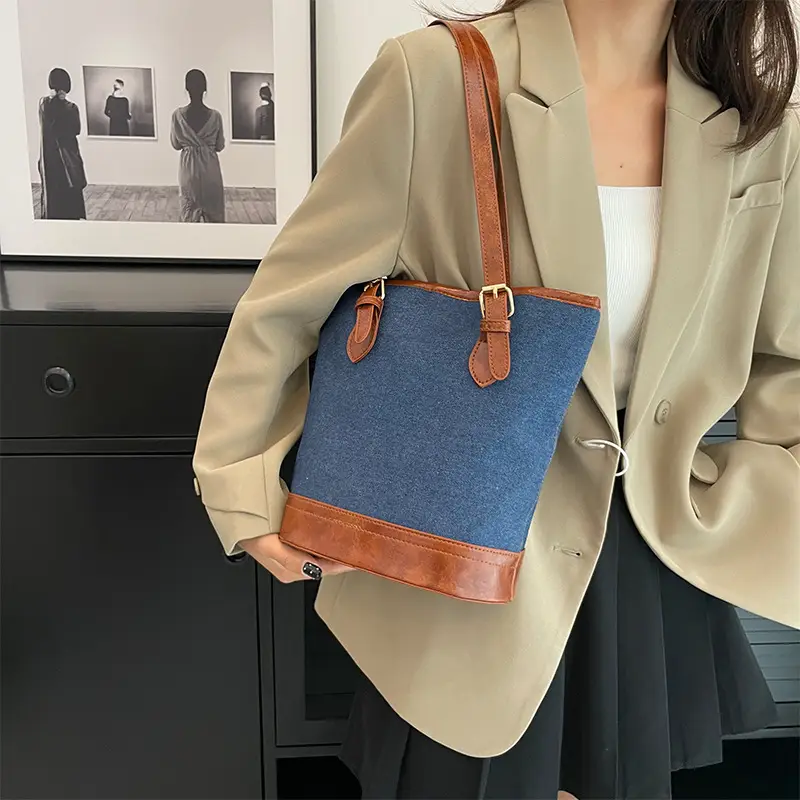 Blue Denim Bucket Bag for Women with Leather Strap - Image 6