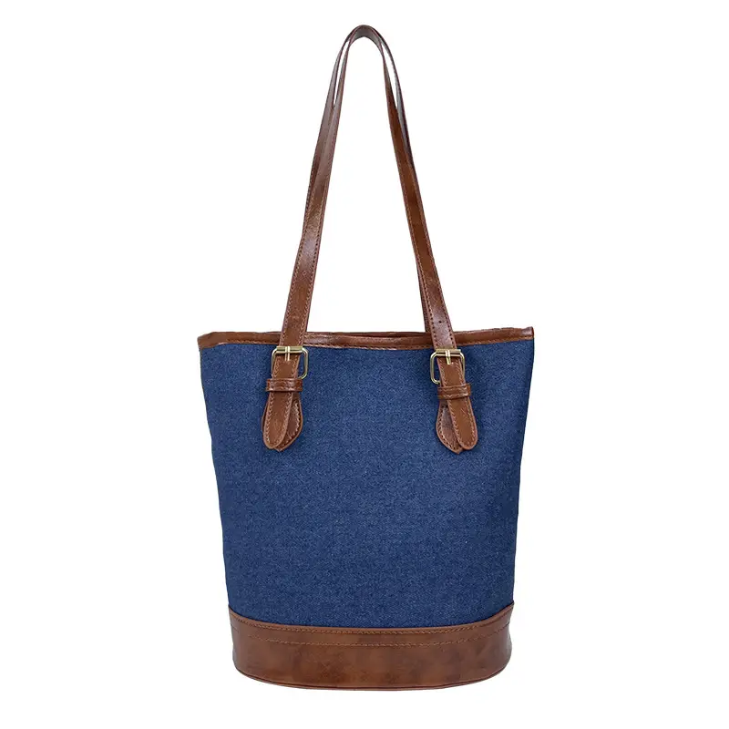 Blue Denim Bucket Bag for Women with Leather Strap - Image 7