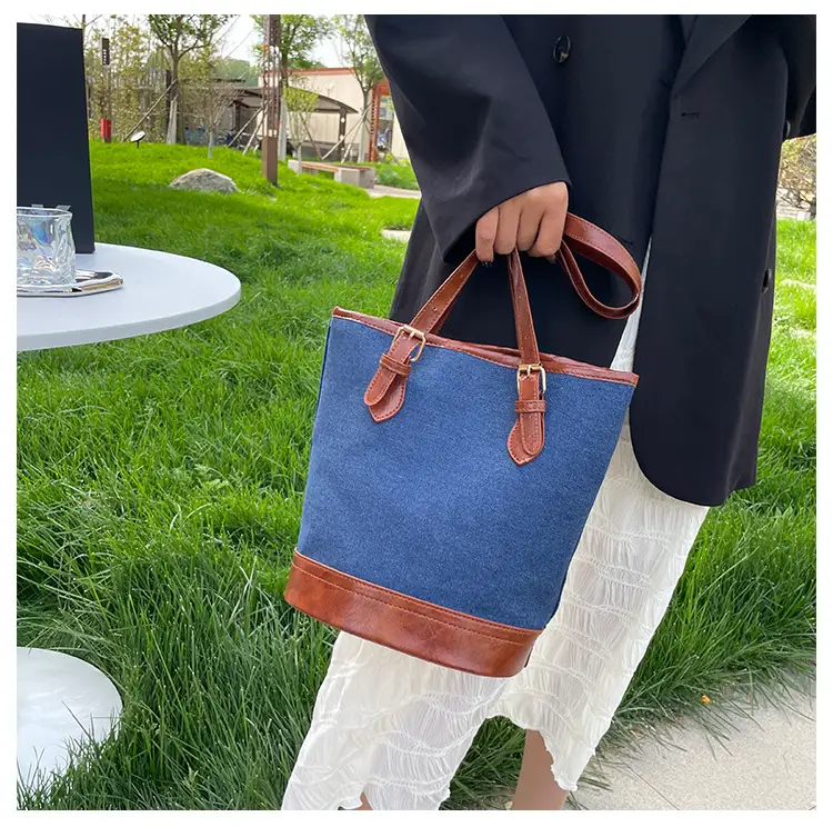 Blue Denim Bucket Bag for Women with Leather Strap — feature 10