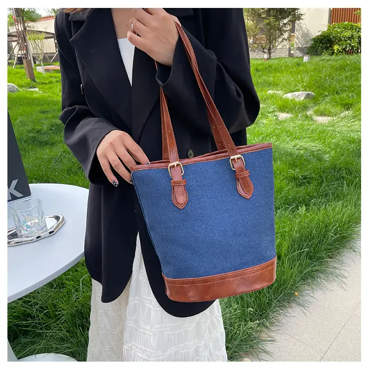 Blue Denim Bucket Bag for Women with Leather Strap — feature 11