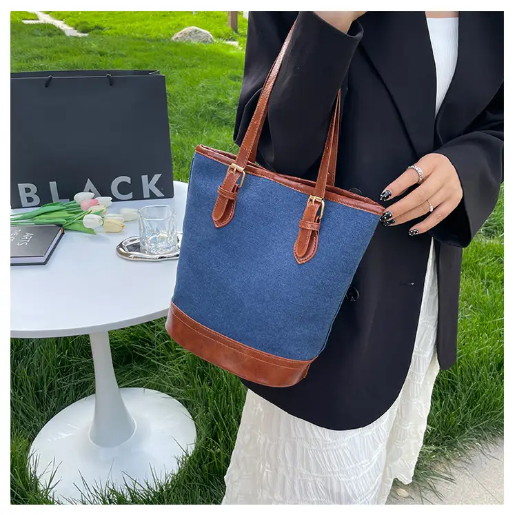 Blue Denim Bucket Bag for Women with Leather Strap — feature 12