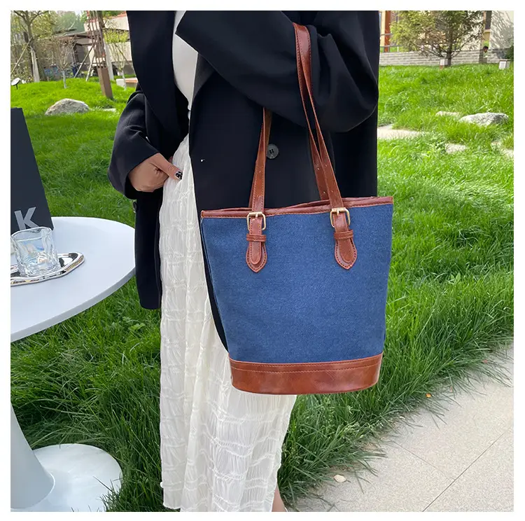 Blue Denim Bucket Bag for Women with Leather Strap — feature 13