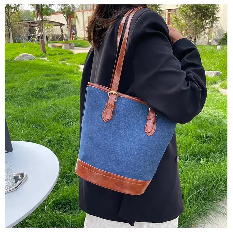 Blue Denim Bucket Bag for Women with Leather Strap — feature 14