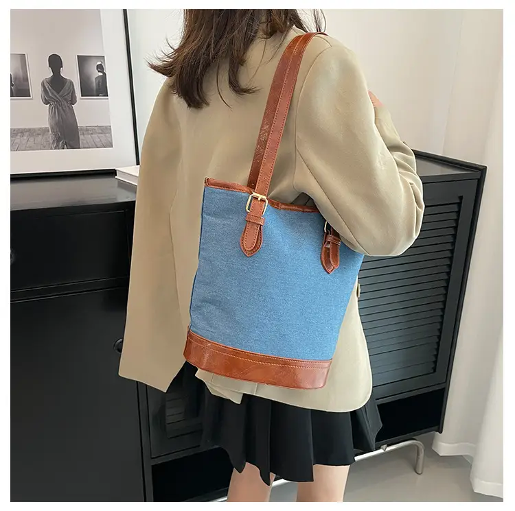 Blue Denim Bucket Bag for Women with Leather Strap — feature 15