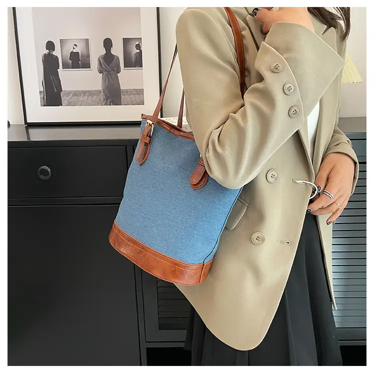 Blue Denim Bucket Bag for Women with Leather Strap — feature 16