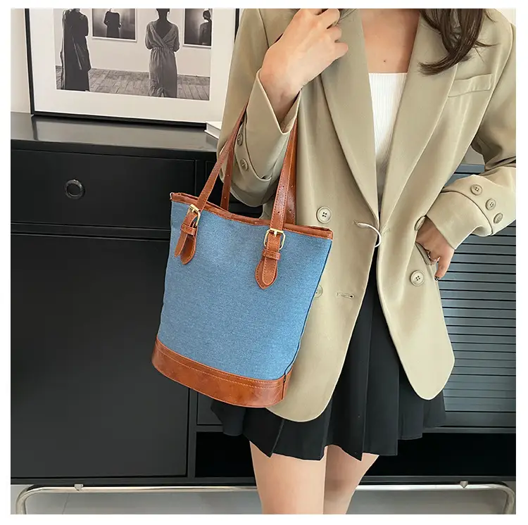 Blue Denim Bucket Bag for Women with Leather Strap — feature 17