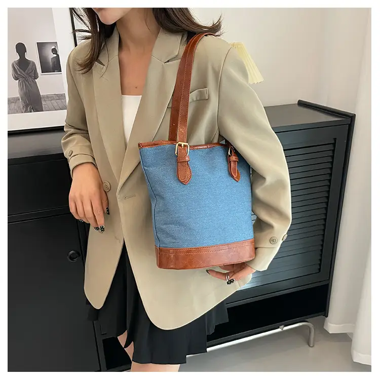 Blue Denim Bucket Bag for Women with Leather Strap — feature 18
